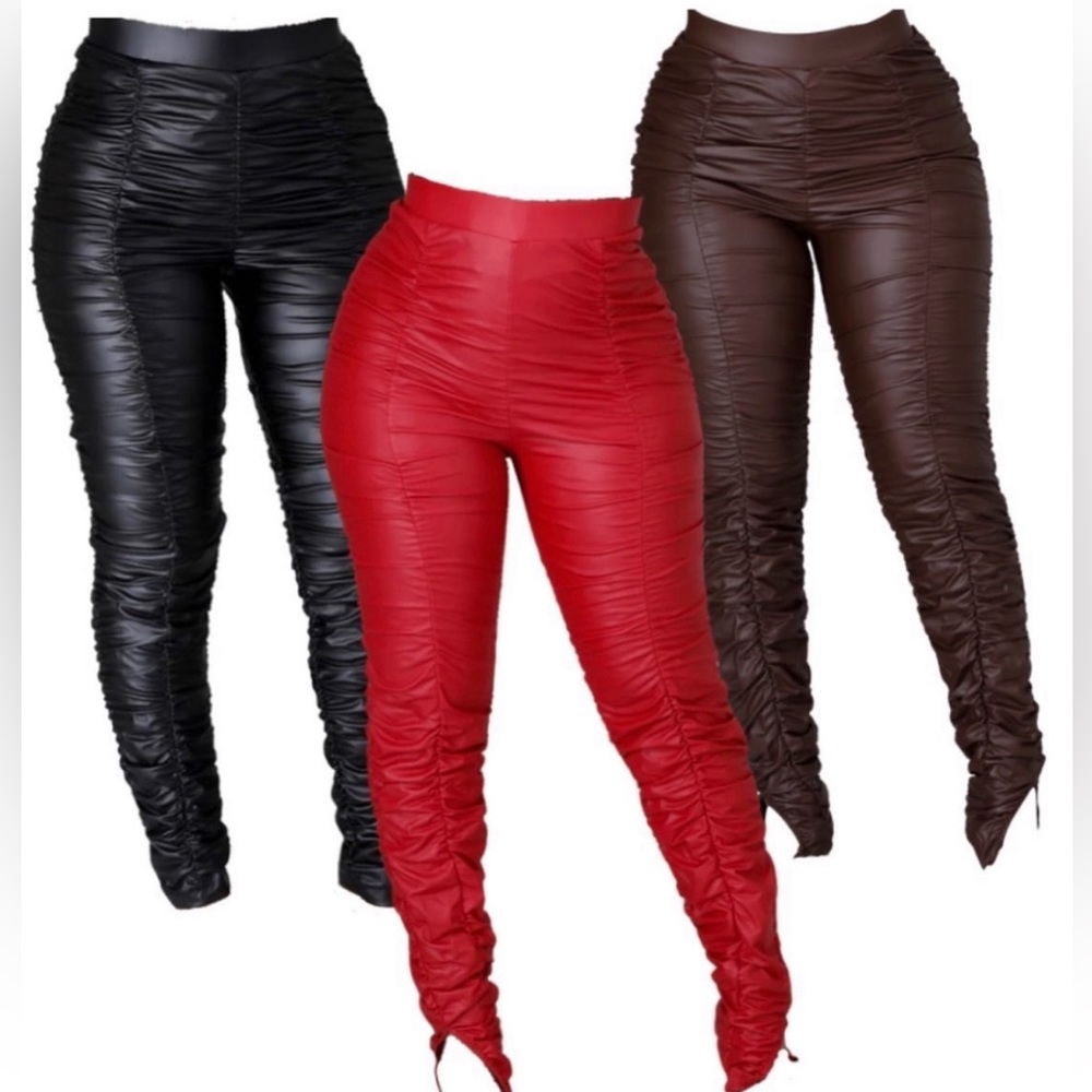 LABIJOU, Faux Leather pants in colors red and brown. Sizes small and medium.